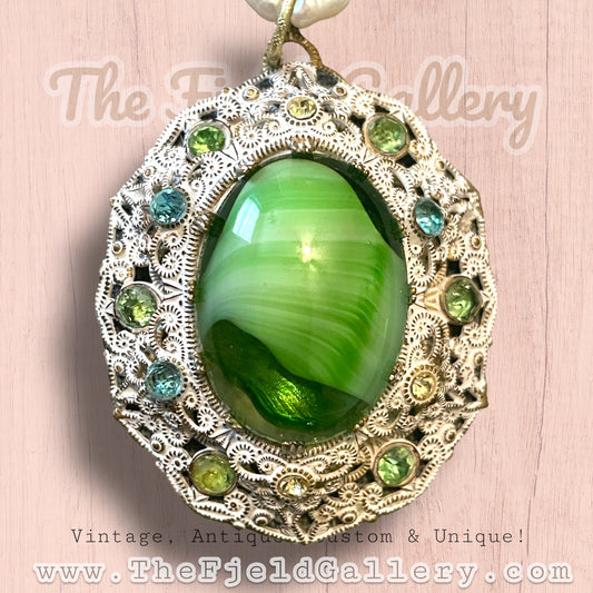 West German Green Marbled Art Glass in White Enamel Brass Filigree Setting Pendant on Natural Pearl Necklace