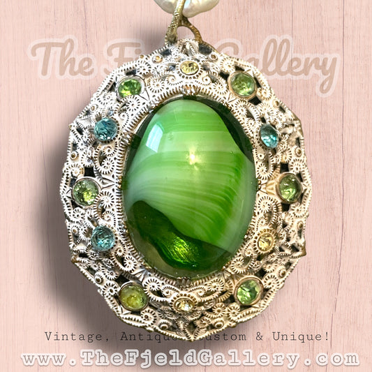 West German Green Marbled Art Glass White Enamel Brass Filigree Pendant on Natural Pearl Necklace