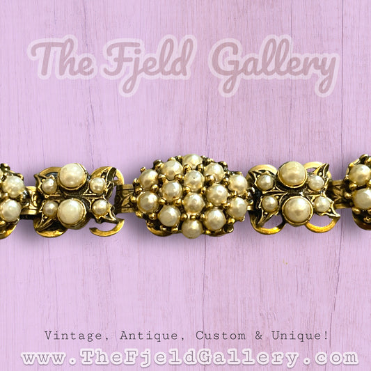 Vintage Cluster Pearl Victorian Bookchain Gold Bracelet