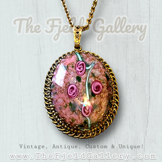 West German Purple & Gold Foil Rose Flower Art Glass Cabochon in Gilded Gold Brass Setting Necklace