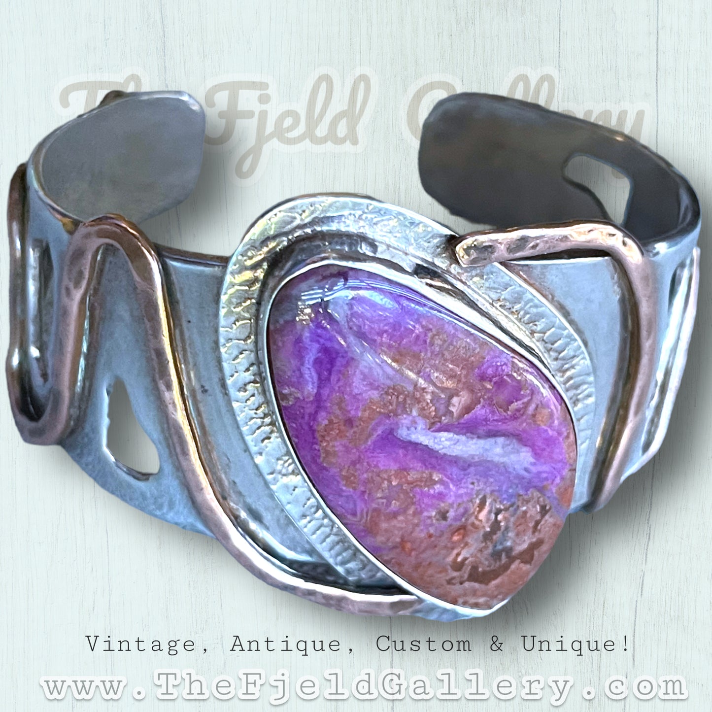 Vintage Sterling, Copper & Brass Purple Jasper Gemstone Cuff Bracelet