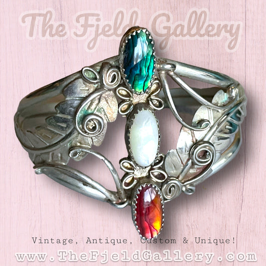 Vintage Natuve American Sterling Mother of Pearl, Red & Blue Abalone Cuff Bracelet