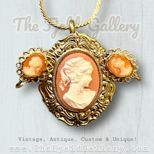 Vintage Orange & Cream Celluloid Cameo Necklace & Earring Set