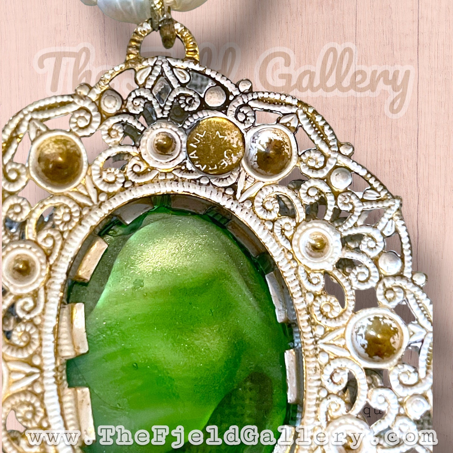 West German Green Marbled Art Glass in White Enamel Brass Filigree Setting Pendant on Natural Pearl Necklace
