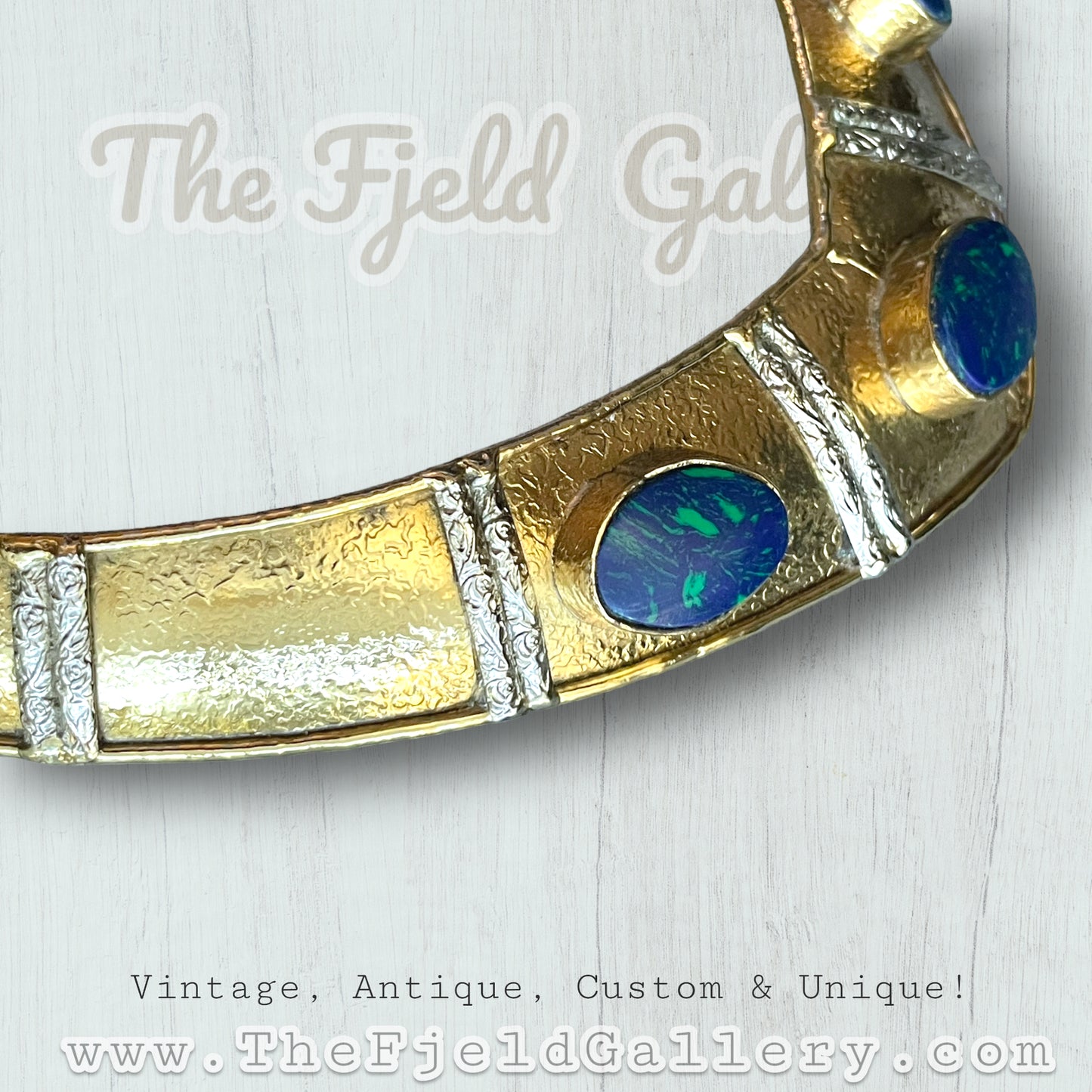 Vintage Brass & Silver Chunky Collar Necklace with Azurite Blue & Green Gemstones