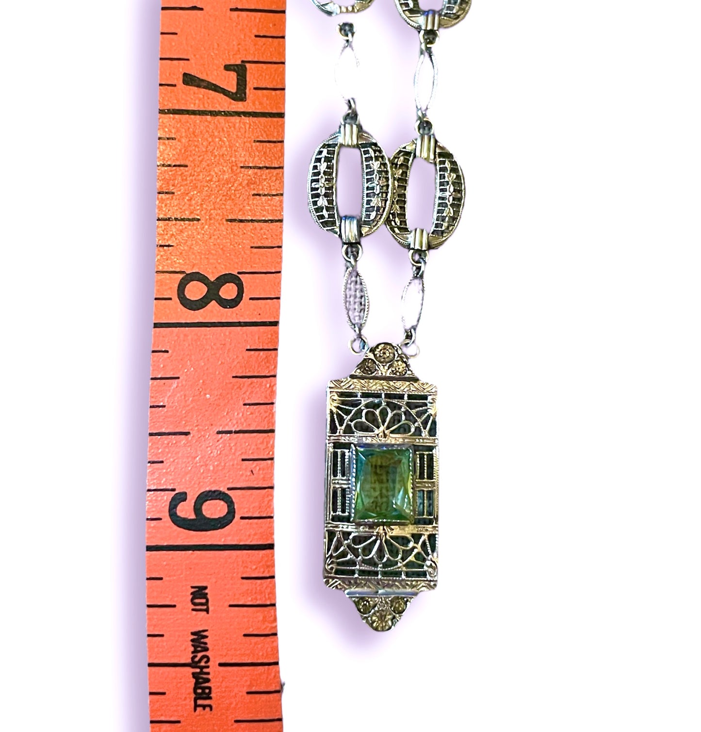 Art Nouveau Sterling Silver Filigree Necklace with Aquamarine Art Glass
