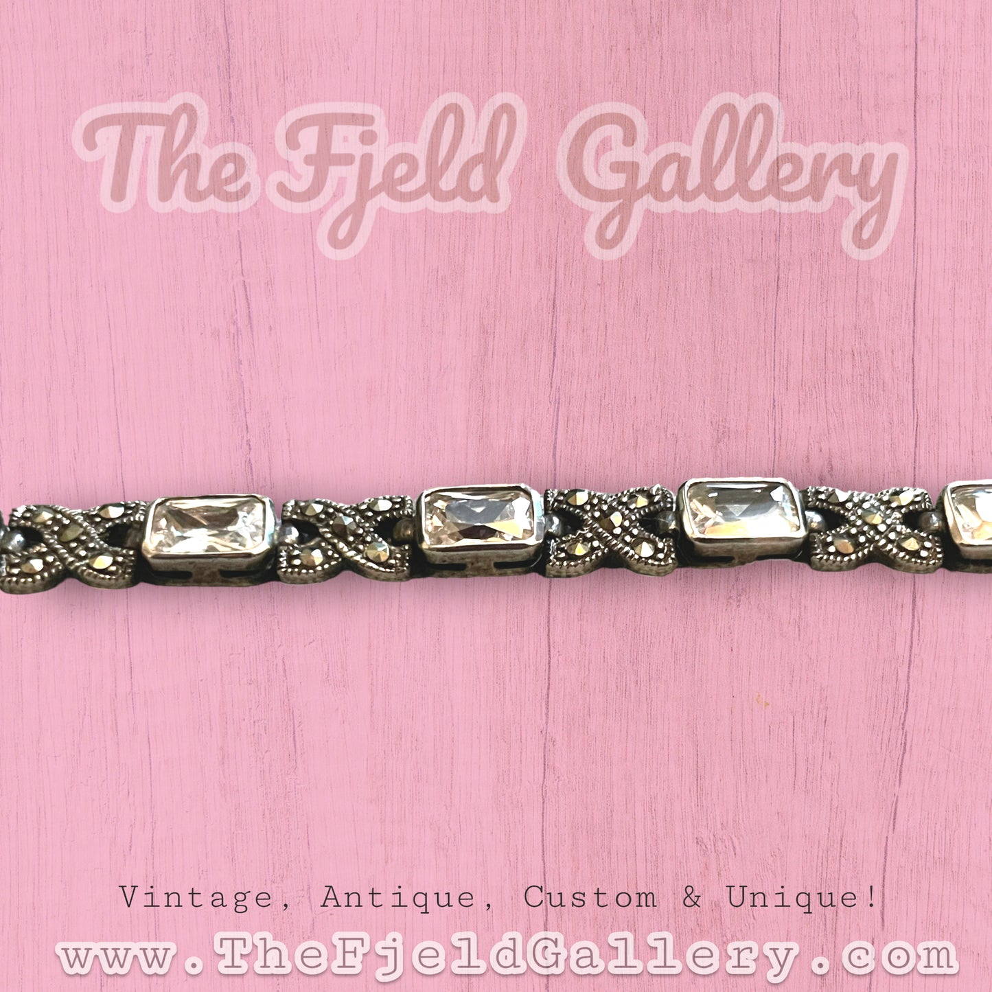 Vintage Sterling Silver, White Topaz & Marcasite Tennis Bracelet