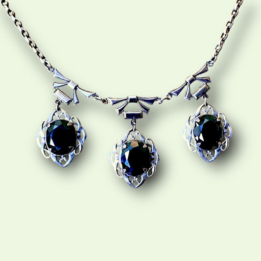 Art Nouveau Sterling Silver & Hematite Bow Festoon Necklace