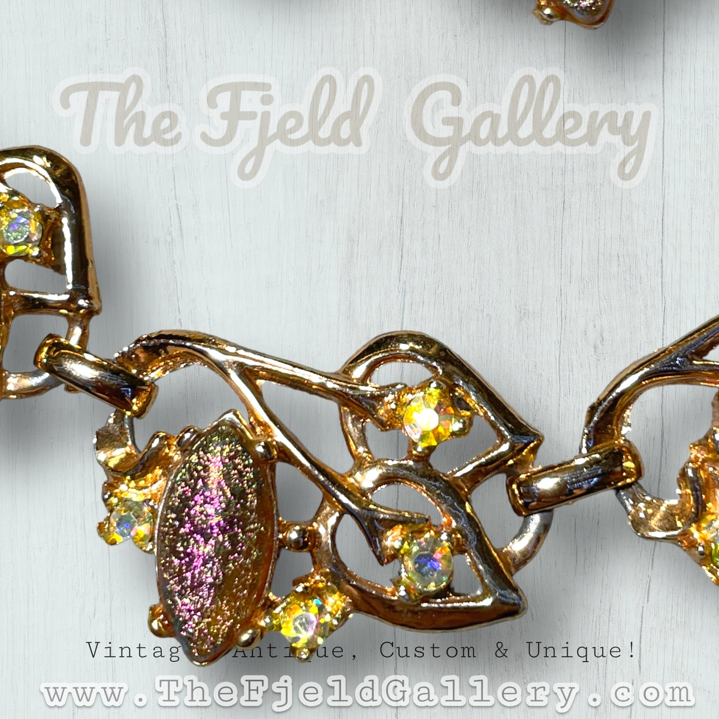 Hollywood Regency Rose Gold Tone Aurora Borealis Crystal & Carnival Art Glass Fruit Salad Necklace, Bracelet and Earring Parure Set