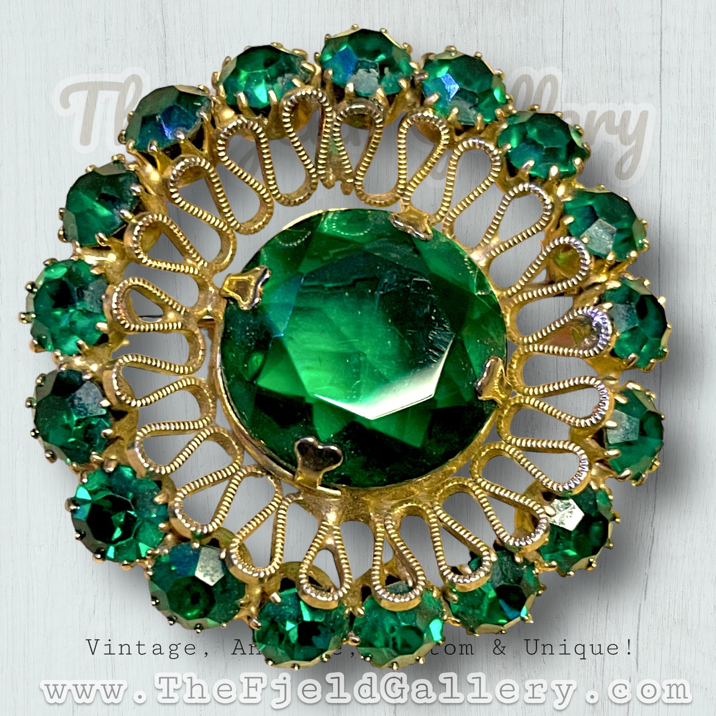 Hollywood Regency Emerald Green Aurora Borealis Crystal Starburst Brooch
