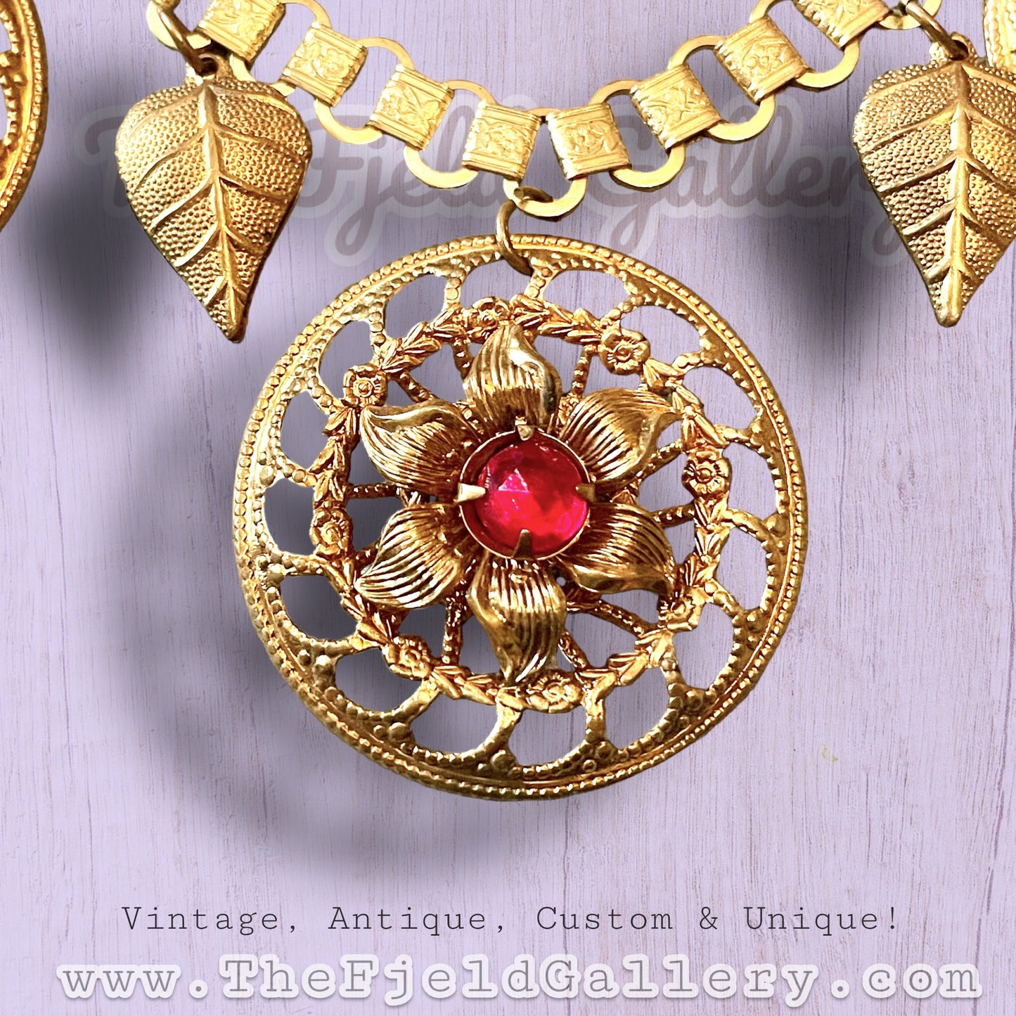 Victorian Bookchain with Ruby Red Art Glass & Gold Filigree Leaf Charm Necklace