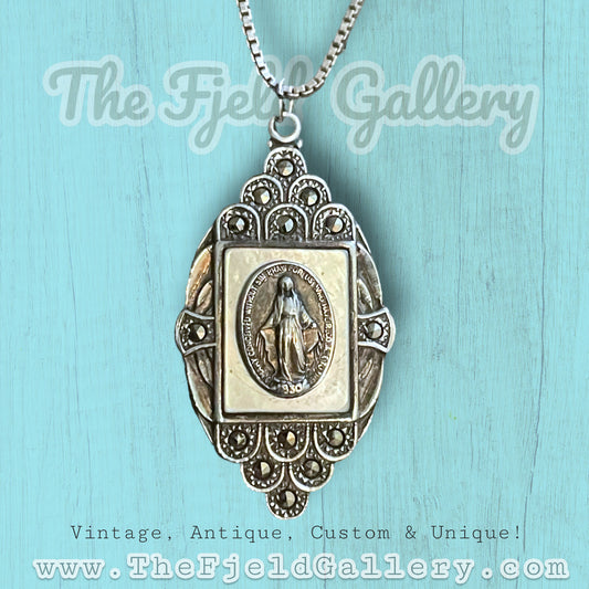 Sterling Silver Mother Of Pearl & Marcasite Virgin Mary Religious Necklace