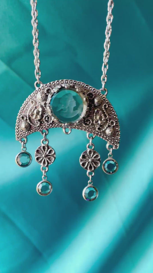 Grey Faceted Intaglio Cameo Crescent Moon Dangling Crystal Vintage Necklace