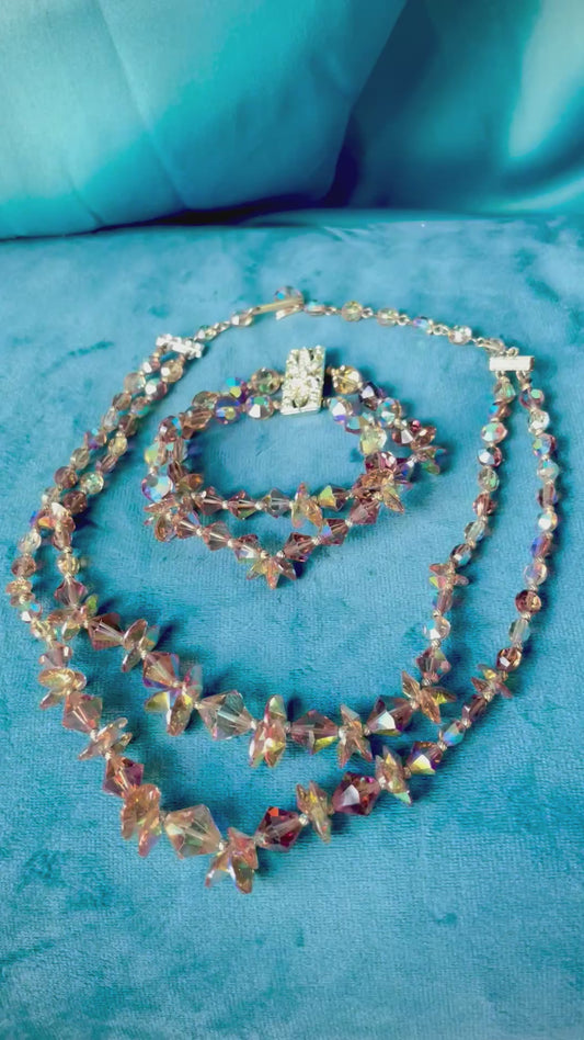 Aurora Borealis Champagne Austrian Crystal Double Strand Necklace & Bracelet Demi Parure