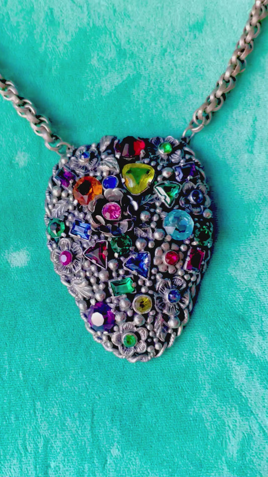 Incredible Fruit Salad Multicolor Rainbow Crystal Floral Art Nouveau Pendant Necklace