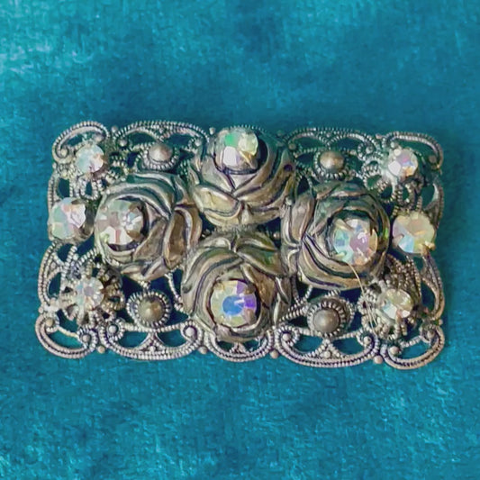 West German Aurora Borealis Crystal Brass Filigree Rose Brooch