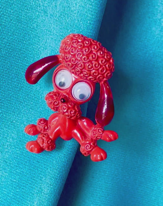 Adorable Googly Eyes Figural Orange & Red Enamel Poodle Dog Brooch