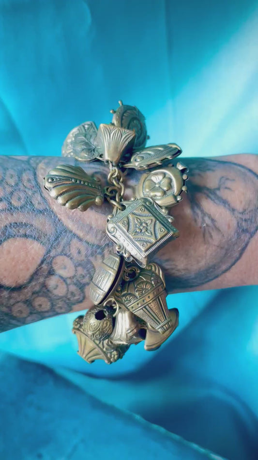 Amazing Art Nouveau Brass Puffy Charm Bracelet: Faces, Moon, Owl, Lucky 7, Bells, Flower & more!