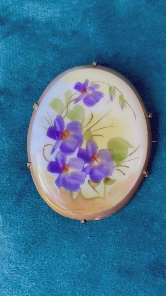 Victorian Forget Me Not Flowers Hand Painted Porcelain Limogé Brooch