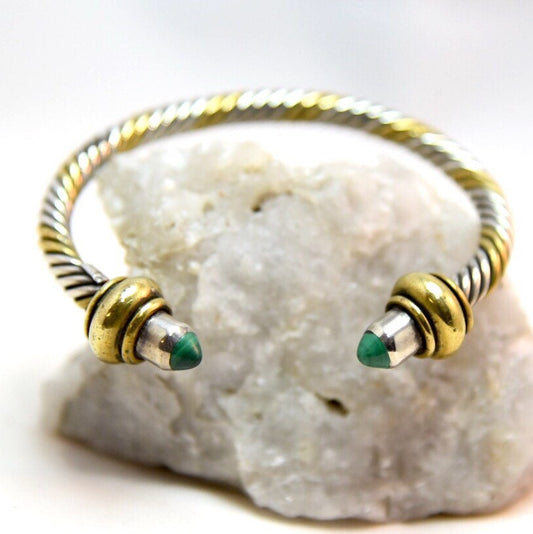 Vintage Chunky Cable Sterling Silver & Gold Twisted Cuff Bangle Bezel Set with Malachite Gemstone Ends