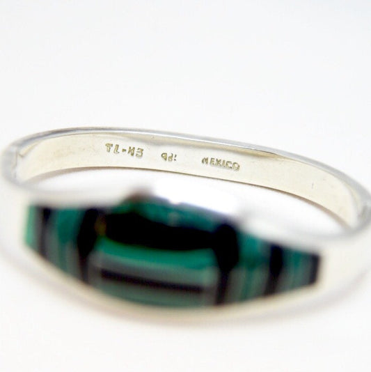 Vintage Sterling Silver Taxco Clamper Hinged Bangle with Malachite & Onyx Inlay SALE