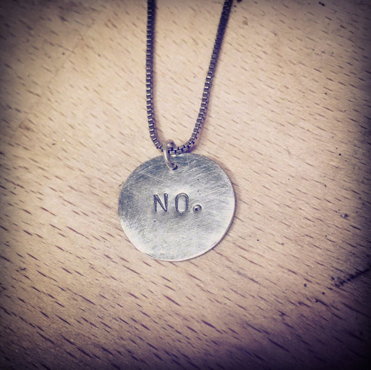 NO Necklace Charm Handmade from rolled .999 Fine Sterling Silver
