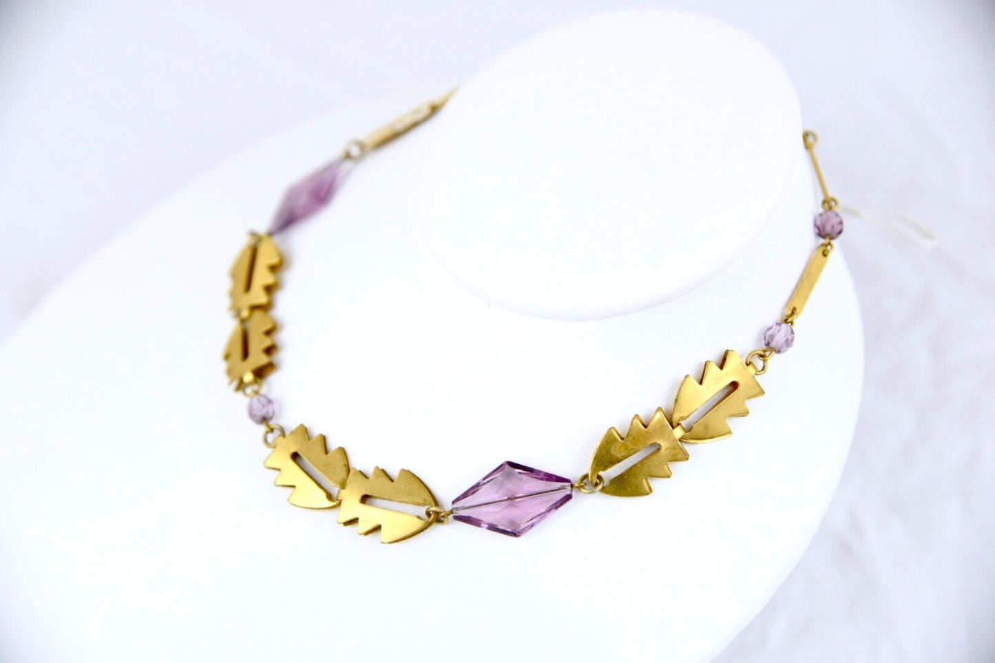 Art Deco Purple Faceted Art Glass Brass Geometric Choker Necklace