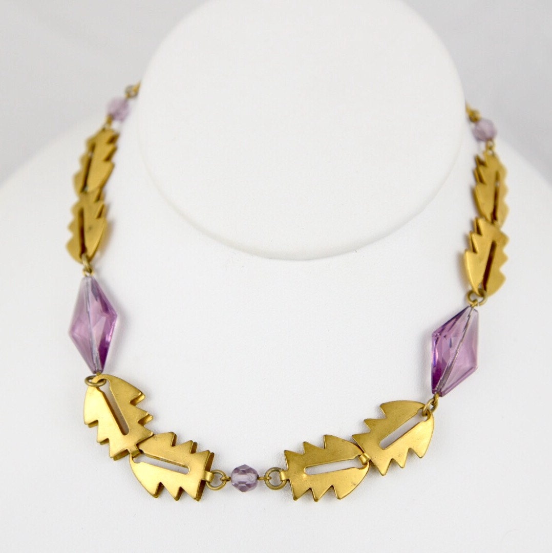 Art Deco Purple Faceted Art Glass Brass Geometric Choker Necklace