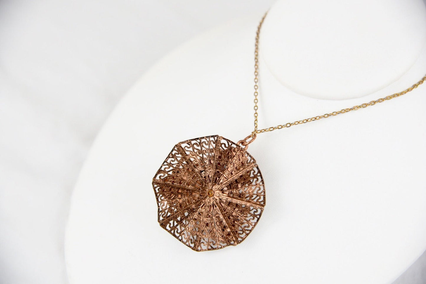 Art Nouveau Copper Filigree Confetti Art Glass Pendant Necklace