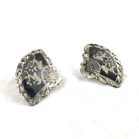 Siam Sterling Nielloware Ramasoon thunder god & Mekkalah lightning goddess Fan Earrings c. 1940