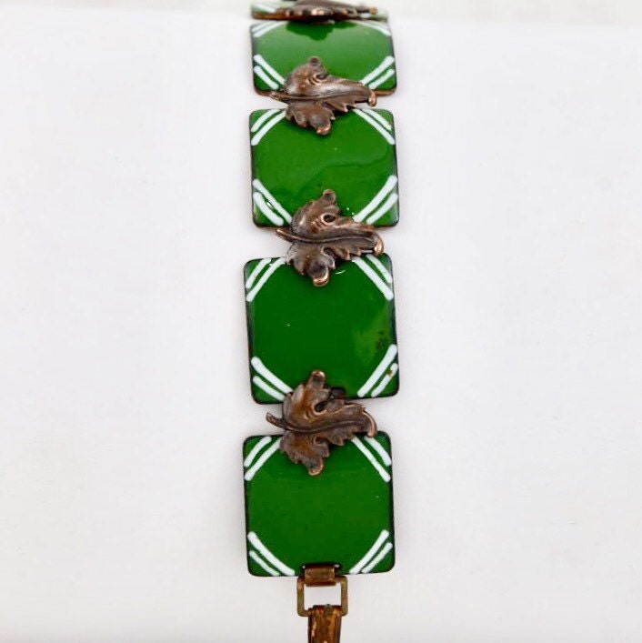 Renoir Copper Leaf & Green and White Geometric Glass Enamel Bracelet, Earring set