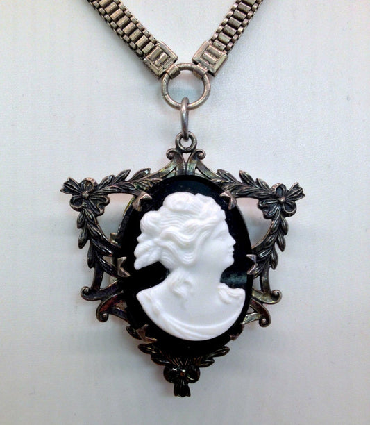 Victorian French Jet & White Milk Glass Cameo Sterling Silver Garland Mourning Hair Locket