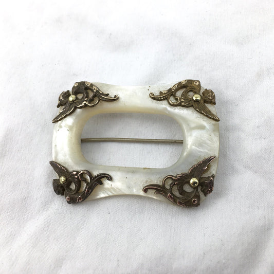 Antique Victorian Mother of Pearl & Gold Ornate Brooch