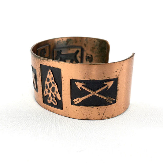 SALE Copper 1970's signed Bell cuff bracelet with thunderbird, dog, arrows & arrowhead