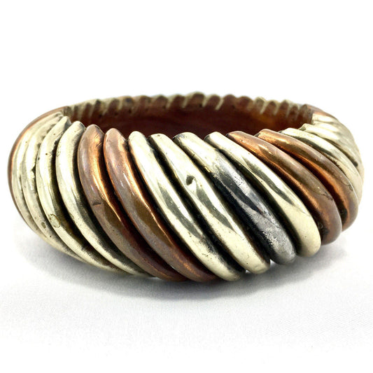 SALE Vintage Mixed Metal Bangle Bracelet : Chunky, Wooden, Copper, Silver & Funky 1970's