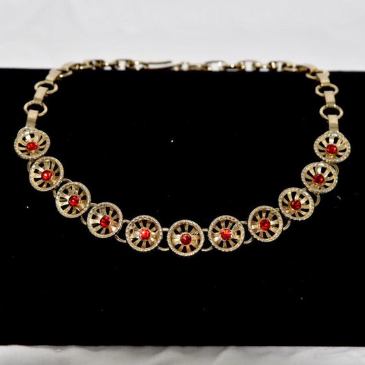 Red Crystal Rhinestone 1960's gold choker necklace