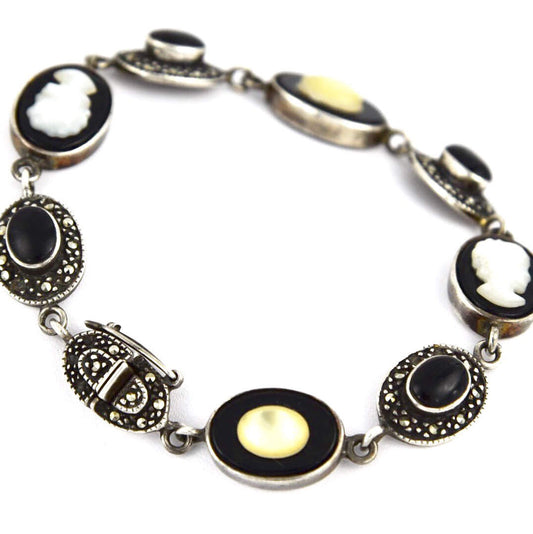 Vintage Cameo, Onyx, Mother of Pearl, Marcasite & Yellow Cat Eye Sterling Silver Tennis Bracelet