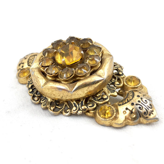 Coro Gold & Citrine Crystal Rhinestone Art Nouveau Style Brooch circa 1950