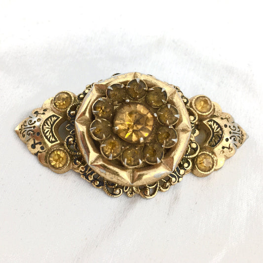 Coro Gold & Citrine Crystal Rhinestone Art Nouveau Style Brooch circa 1950