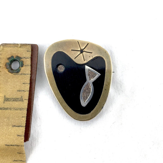 Sterling & Brass Modern Abstract Art Onyx and Jasper Cubism Mexican Brooch