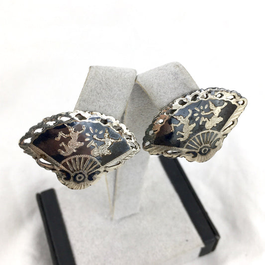 Siam Sterling Nielloware Ramasoon thunder god & Mekkalah lightning goddess Fan Earrings c. 1940