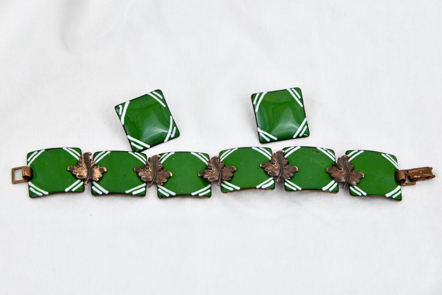 Renoir Copper Leaf & Green and White Geometric Glass Enamel Bracelet, Earring set