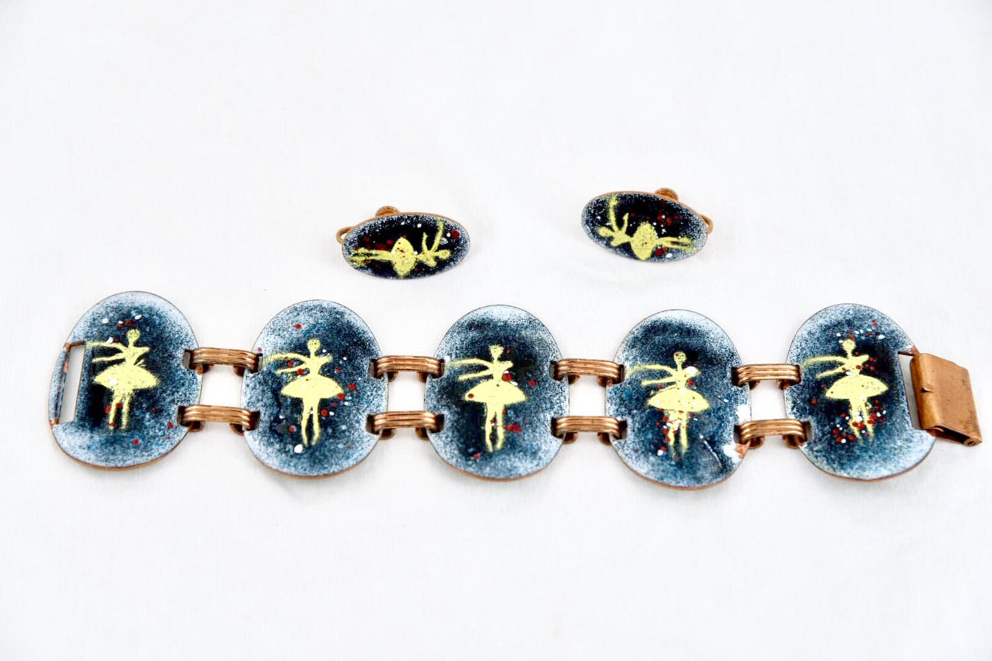Vintage Ballerina Glass Enamel Copper Link Bracelet & Earring set by designer Harris New York City