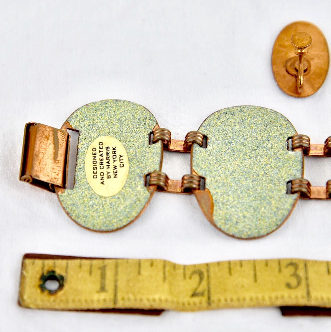 Vintage Ballerina Glass Enamel Copper Link Bracelet & Earring set by designer Harris New York City