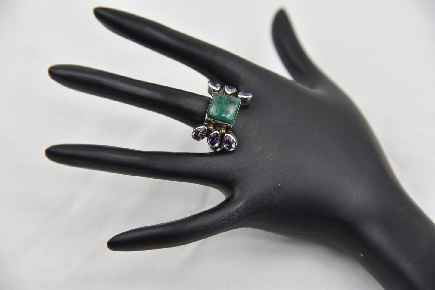 Vintage Indian Chrysocolla & Amethyst Sterling Silver Ring Size 10
