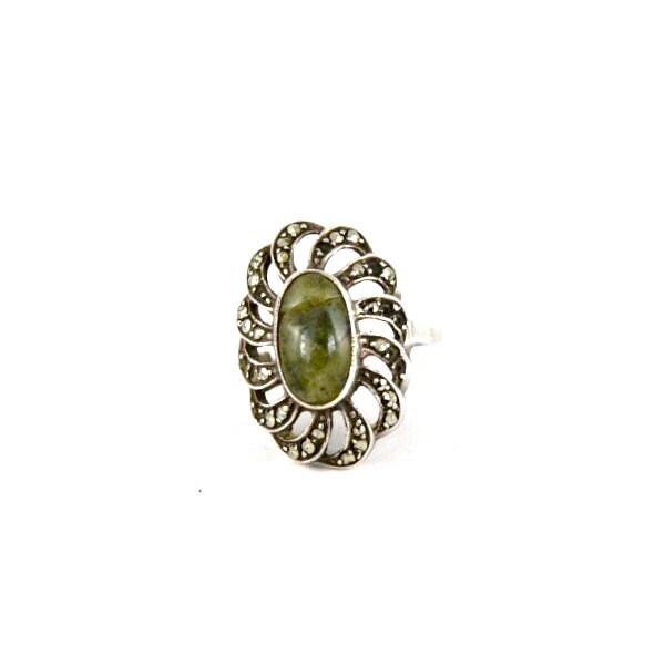Art Deco Jade Gemstone & Marcasite Sterling Silver Ring