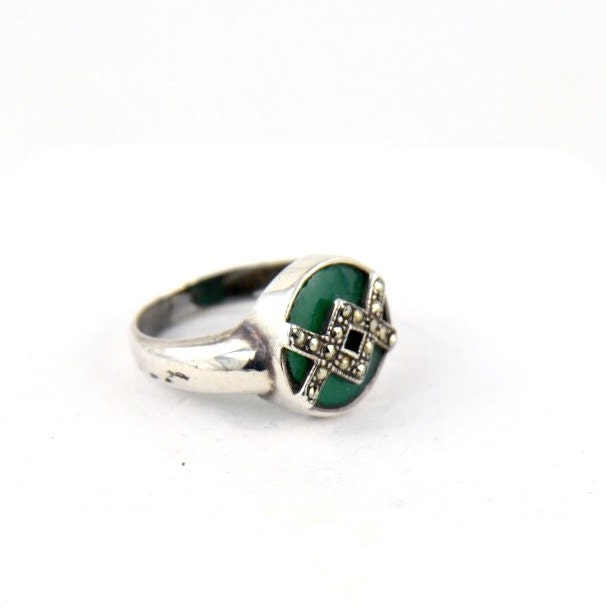 Art Deco Chrysoprase with Marcasite Overlay Unique Sterling Silver Ring