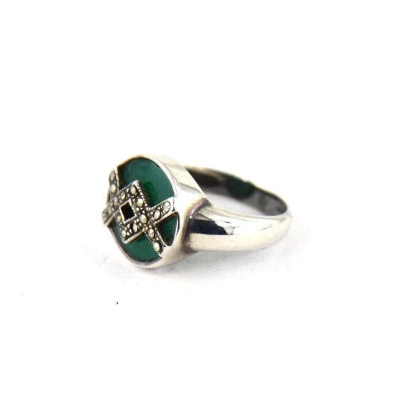 Art Deco Chrysoprase with Marcasite Overlay Unique Sterling Silver Ring