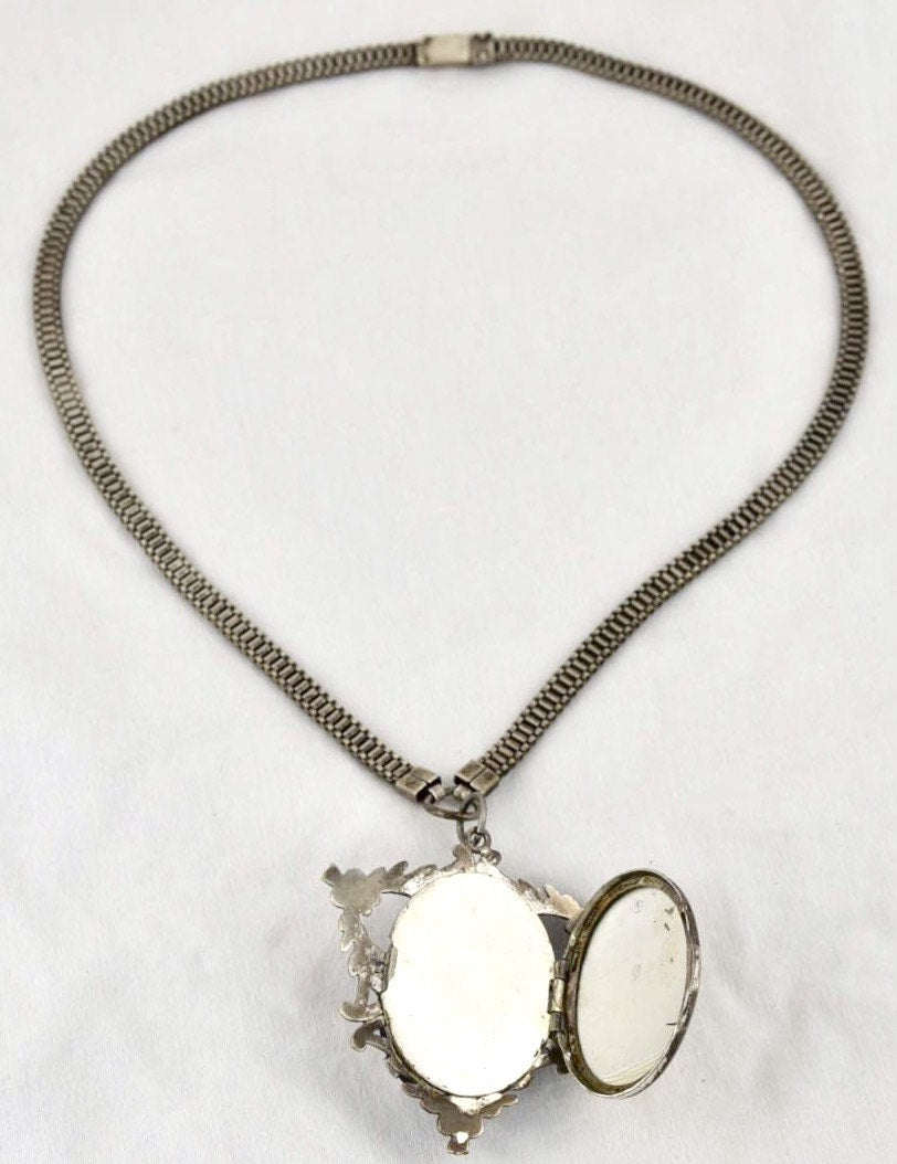 Victorian French Jet & White Milk Glass Cameo Sterling Silver Garland Mourning Hair Locket