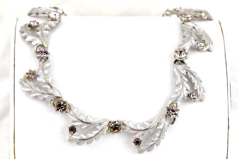 Mid Century Modern Hollywood Glamour Pale Pink Crystal Leaf Choker Necklace